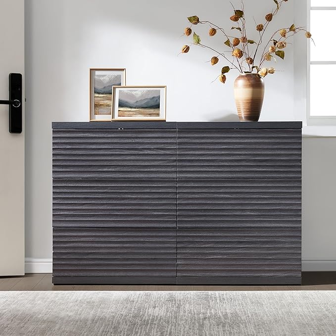 SICOTAS Fluted Sideboard Buffet Cabinet with Storage, Modern Credenza Storage Cabinet with 3 Larger Drawers, 2-Piece Media Console Mid Century Coffee Bar Table for Entryway Kitchen, Dark Grey Alder