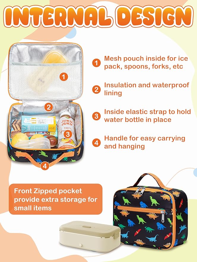 BLUEFAIRY Kids Backpack with Lunch Box for Girls Boys Elementary Primary Middle School Bag with Lunch Bag Set 17 Inch Bookbag Mochilas Escolares para Niñas Niños (Dinosaur, Orange)