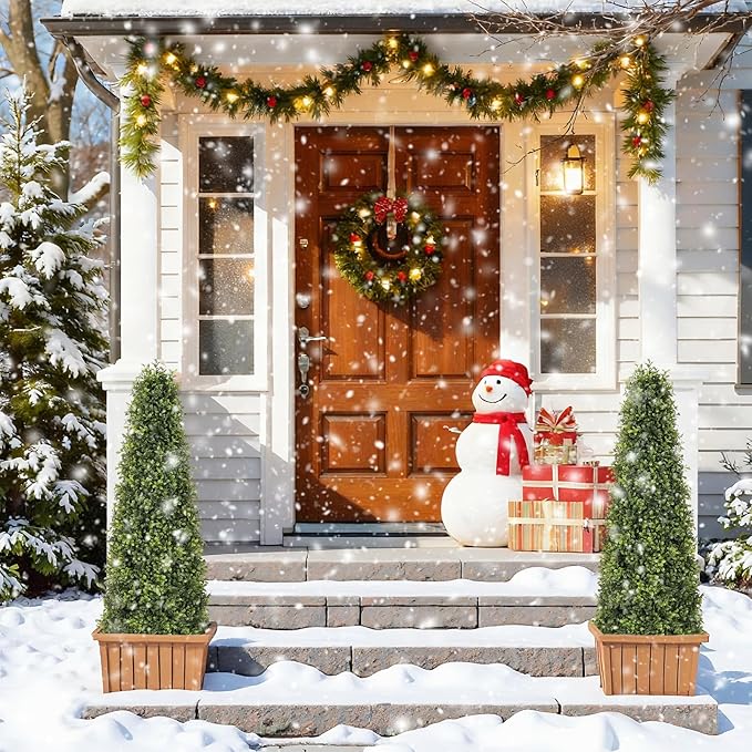 4ft Artificial Boxwood Topiary Trees (Set of 2) - UV Resistant Faux Plants Outdoor, Realistic 48in Fake Potted Bushes and Shrubs for Front Porch, Planter, Patio - Low Maintenance & Evergreen