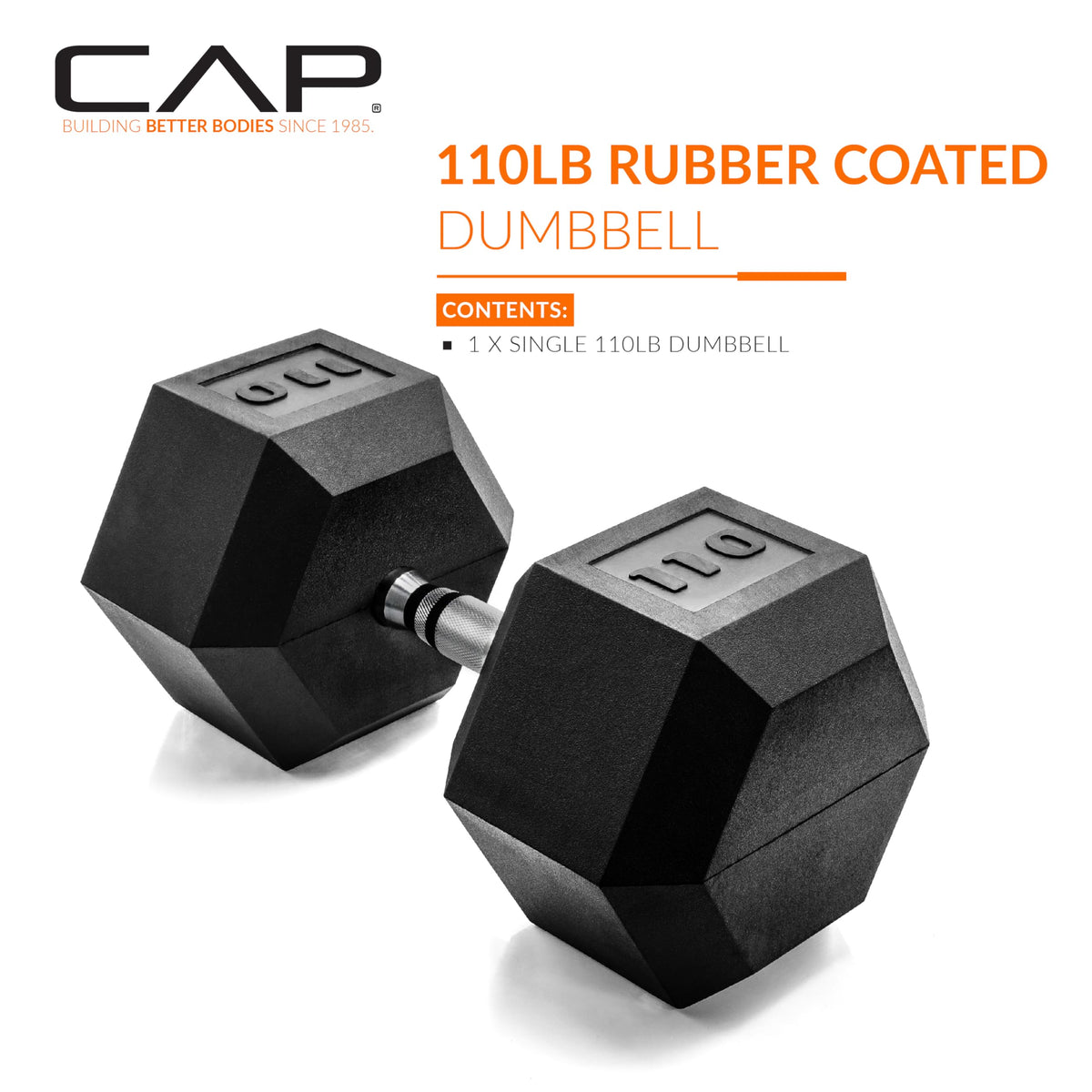 CAP 110lb Rubber Coated Hex Dumbbell, Chrome Grip, Free Weights, Single