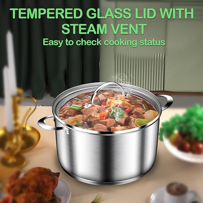 STOCKPOT Cooking Pot, Stainless Steel Stock Pot with Glass Lid, 6 Quart Soup Pot, Induction Compatible, Dishwasher Safe