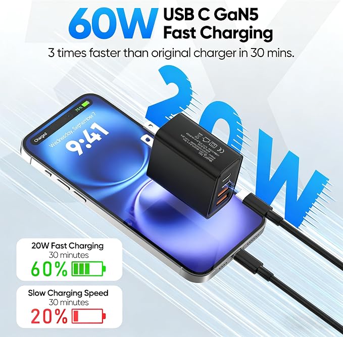 2 Pack USB C Charger Block 60W 4-Port GaN5 Super Fast Phone Charger Type C Charging Block PD 20W &amp QC 20W with 6.6FT USB C Cables for iPhone 17 Air/17/16/15 Pro Max Samsung Galaxy S24