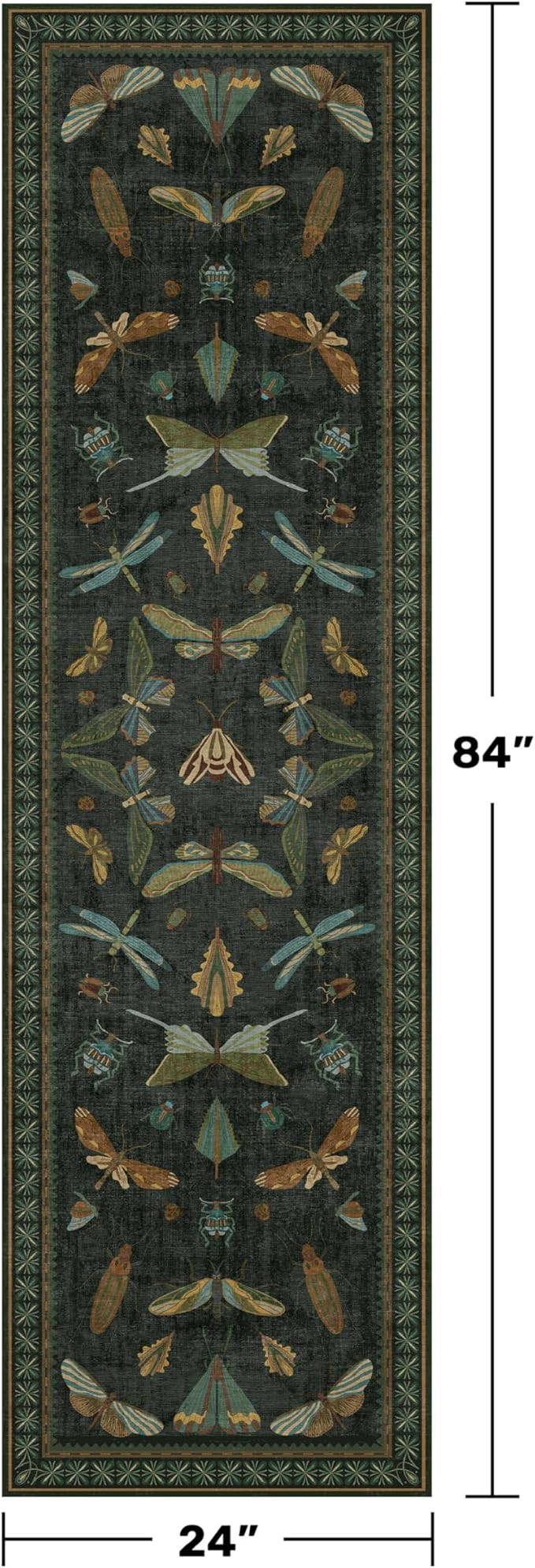 Insect 2x7 Stain Resistant Kitchen Runner Rugs, Vintage Bathroon Rug Non Skid, Low Pile & Soft Non Slip with Rubber Backed, Dark Green Boho Room Decor for Bedroom