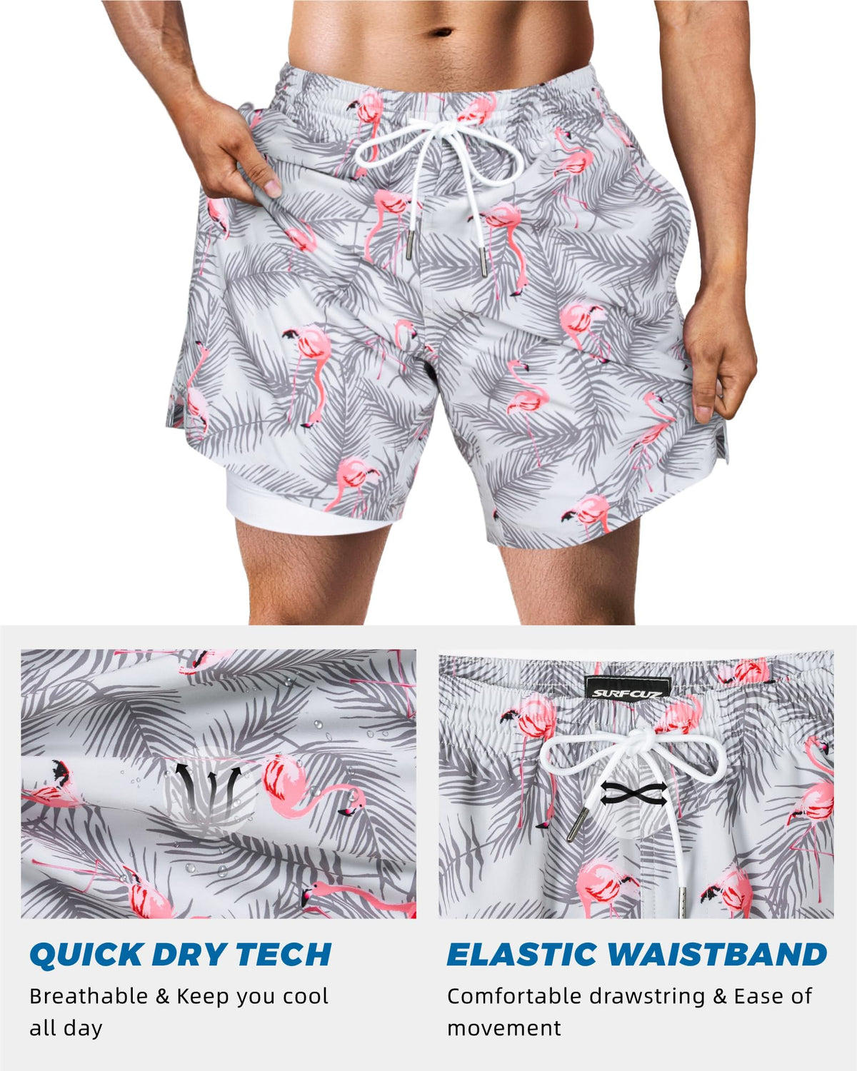 SURF CUZ Mens Swim Trunks with Compression Liner Quick Dry Swim Shorts 7" Swimming Trunks Stretch Zipper Pockets Grey Flamingo X-Large