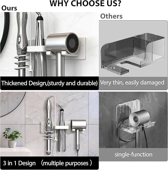 Dovyn Blow Dryer Holder Wall Mount, 3 in 1 Bathroom Hair Tool Organizer with Curling Iron Holder & Flat Iron Holder, Universal Hair Dryer Holder Rack Storage White