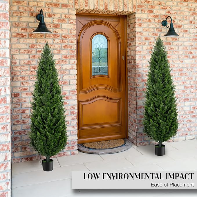 6FT Artificial Cedar Topiary Trees Set of 2，72 Inch Tall UV Protection Fake Cypress Trees for Outdoors, Realistic Potted Pine Plants for Patio, Porch, Home, Doorway Decor
