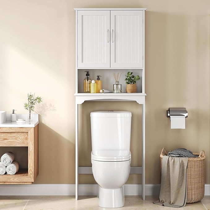 Yaheetech Over The Toilet Cabinet, Double Door Bathroom Storage Organizer, Toilet Rack with Inner Adjustable Shelf and Open Storage Shelf, White