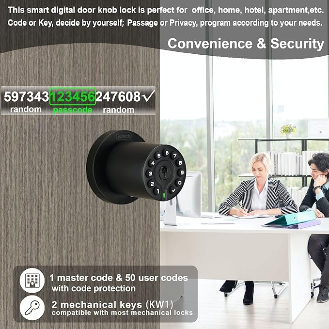 iulock IU-20 Code Door Lock, Electronic Door Knob with Keypad and Key, Auto Lock, Waterproof, Passage Function, Long Battery Life,50 Codes, Easy to use and Install for Office/Warehouse/Bedroom/Garage