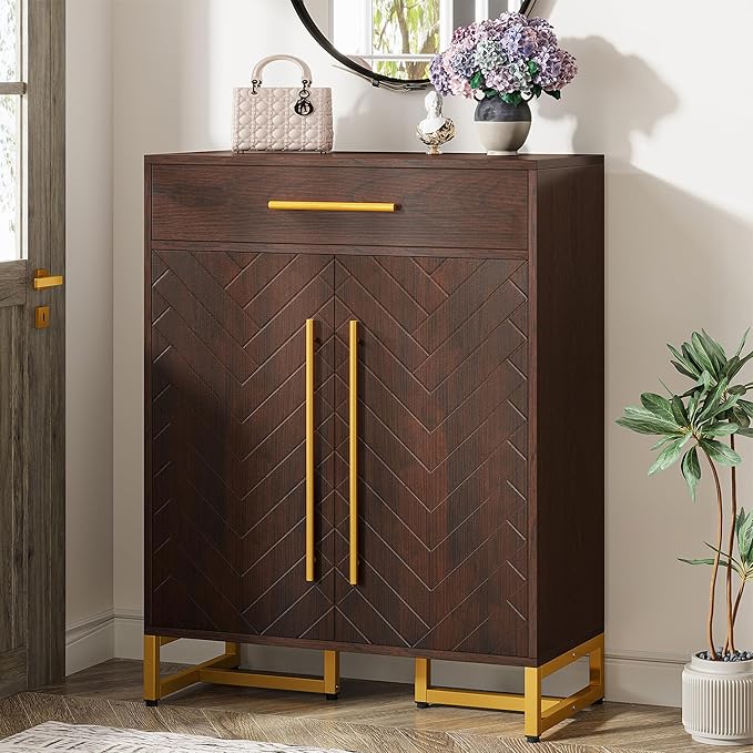 Tribesigns Shoe Cabinet with Doors, 20 Pairs Shoe Storage Cabinet with Drawer for Entryway, Modern Shoe Rack Organizer with Adjustable Shelves for Hallways Bedroom Living Room, Walnut & Gold