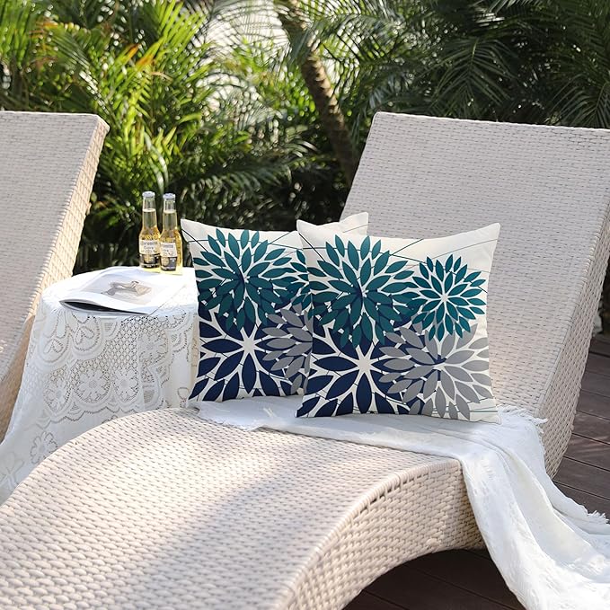 DFXSZ Outdoor Pillow Covers 16x16 Inch Set of 2 Dark Blue Grey Flower Decorative Waterproof Summer Outdoor Pillow Covers for Patio Funiture Garden Couch 168L16
