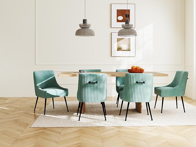 Velvet Dining Chairs Set of 6,Green Upholstered Living Room Chairs with Black Metal Legs, Modern Tufted Accent Chairs for Living Room, Study Room, Kitchen