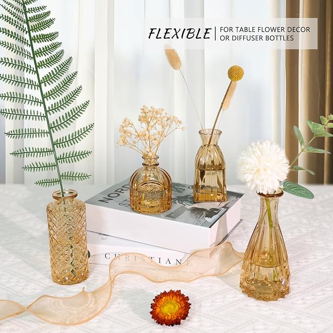 12pcs Glass Bud Vase Set, Small Gold Amber Flower Vases for Centerpieces in Bulk, Mini Vintage Vase for Wedding, Home,Table Decoration