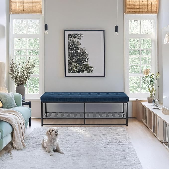 Rectangular Upholstered Tufted Linen Ottoman Storage Bench, Large Footrest Ottoman with Iron Base, Navy Blue End of Bed Bench for Entryway, Living Room, Bedroom