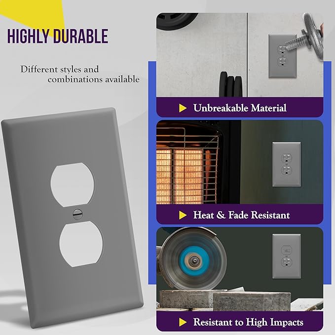ENERLITES Duplex Receptacle Outlet Wall Plate, Jumbo Electrical Outlet Covers, Gloss Finish, Oversized 1-Gang 5.51" x 3.50", Polycarbonate Thermoplastic, 8821O-GY-10PCS, Gray, 10 Pack