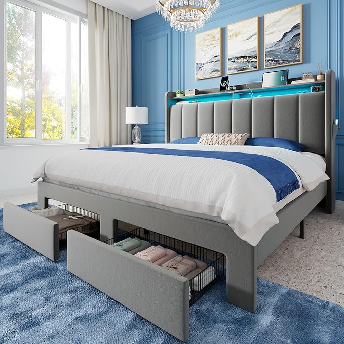 Allewie Velvet Vertical Tufted Queen Upholstered Platform Bed Frame with 2-Tier LED Storage Headboard & 2 Storage Drawers, USB & Type-C Charging Ports, Noise-Free/No Box Spring Needed, Grey