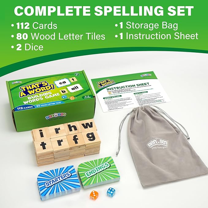 BenBen Family Spelling Games with 112 Flash Cards & Wooden Letter Tiles, CVC Sight Word Building Phonics Game for Kids Ages 4+ & Adults, 1–4 Players, Learning Toys for Home or Classroom