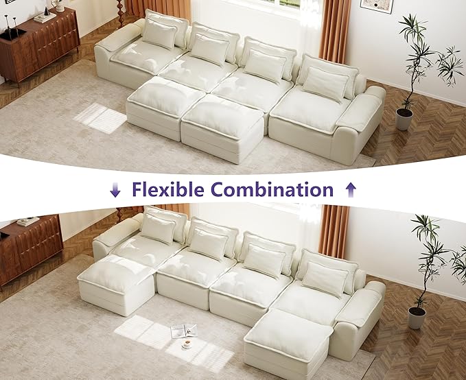 Hobestluk 152" Cloud Modular Sectional Couch 4-Seater Sofa with Ottomans U Shaped Couch Deep Seat Sofa with Removable Cover for Living Room (Beige, 4-Seater Sofa with Two Ottomans)