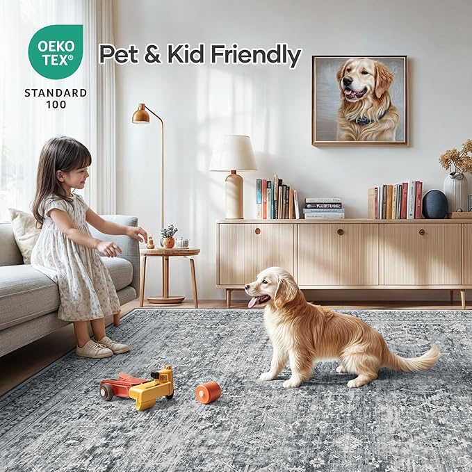 Lofus 10x14 Area Rug for Living Room,Grey Washable Large Rugs with Non-Slip Backing,Soft Boho Carpets for Bedroom Dining Room Home Office Indoor Nursery