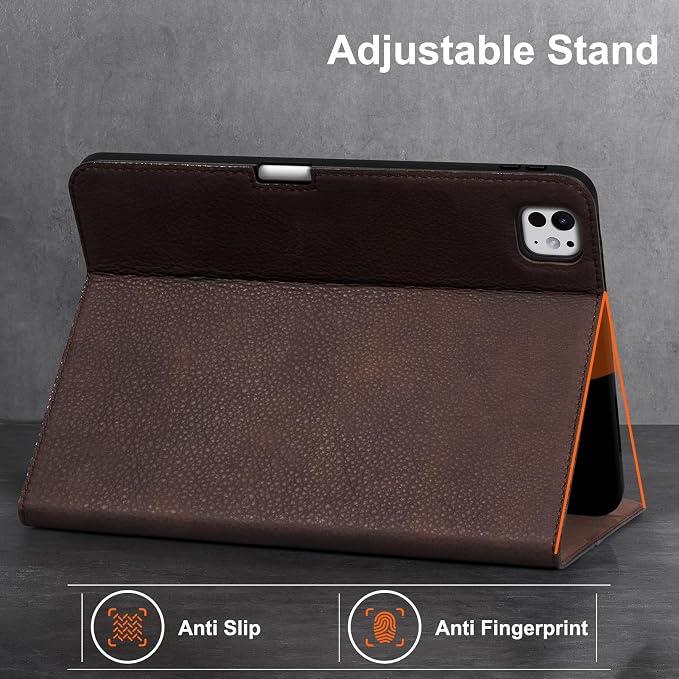 Gexmil Leather Case for iPad Pro 11 Inch M5/M4 2025/2024Crocodile Brown | Genuine Leather CoverPencil HolderMagnetic ClosureSmart Folio Auto Sleep/WakeProtectiveAdjustable Stand