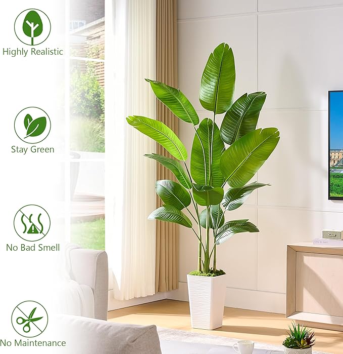 Bird of Paradise Artificial Plant, 6FT Faux Plants Indoor Banana Leaf Tree with 10 Leaves, Large Fake Tropical Potted Indoor Silk Floor Plant with White Tall Planter for House,Office,Room,Home Decor