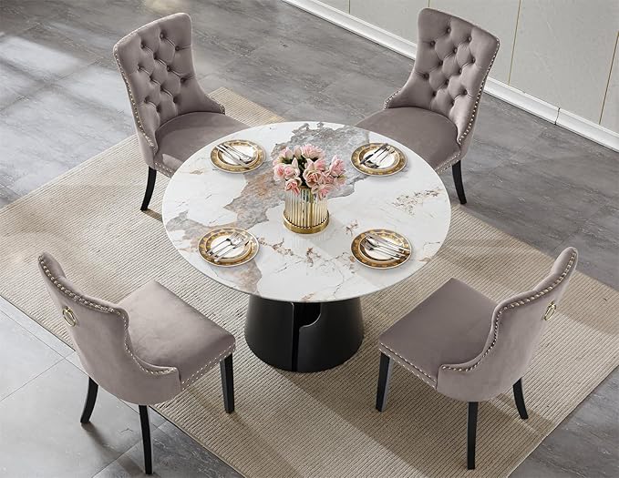 5-Piece Faux Marble Round Dining Table Set for 4, Modern Luxury Kitchen Table Set for 4 with Grey Tufted Chairs,Circle Dining Tables with Pandora Grain Top and Black Pedestal Base