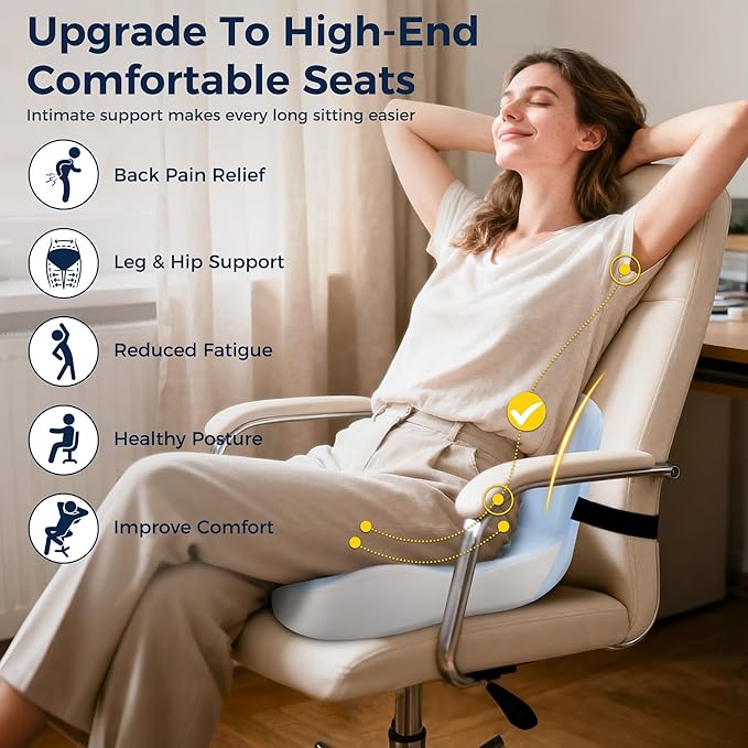 Seat Cushion, Office Chair Cushions for Tailbone Relief, Seat Cushions for Office Chair with L-Shaped Ergonomic Design & Adjustable Strap, Memory Foam Chair Cushion for Long Sitting Worker(Blue Grey)