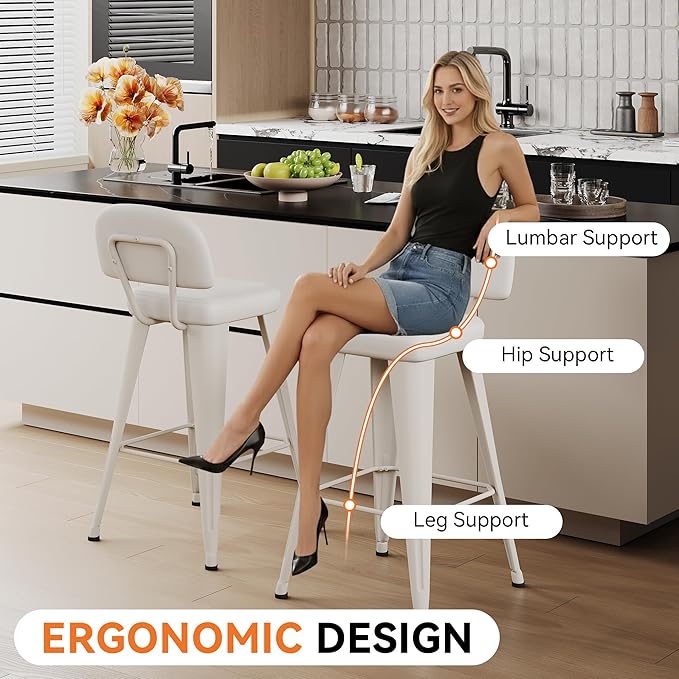 Aklaus PU Leather Metal Bar Stools 24 inch Faux Leather Counter Height Barstools Set of 4 Modern Farmhouse Bar Chairs with High Backs and Faux Leather Seat for Kitchen Island Dining Room Off White