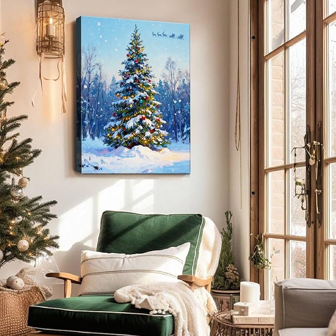 Snowy Christmas Tree Canvas Wall Art - Winter Wonderland Landscape Framed Canvas Prints for Home Office, Festive Christmas Wall Art Ready to Hang, Ideal Christmas Gifts & Holiday Decorations