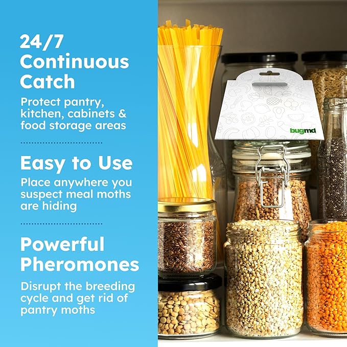 BugMD Pantry Moth Traps (18-Pack) – Pheromone-Based Sticky Glue Traps, Non-Toxic, Kills Indian Meal Moths – Kitchen & Food-Storage Safe - White