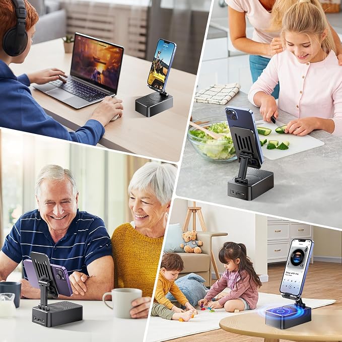 Phone Stand with Speaker with Bluetooth 5.3Phone Stand with Remote Control &amp Adjustable Height/AngleNon-Slip Silicone BasePortable for Home/Office/OutdoorGifts for Men Women Teens Parents