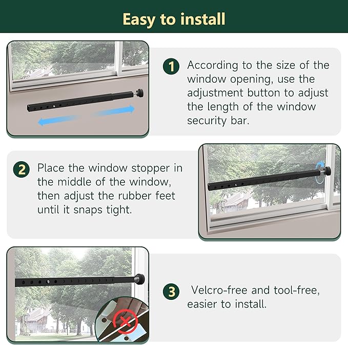 WooFog Adjustable Window Security Bars Vertical, Heavy Duty Sliding Patio Glass Door Lock Bar with Rubber Feet, 17-32 inch Window Safety Stopper for Up and Down Windows -Black 4 PCS Patented