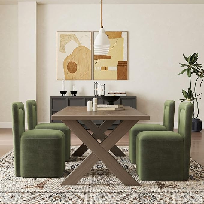 Green Upholstered Dining Chairs Set of 6, Armless Modern Chenille Dining Chairs with High Back, Kitchen Chair for Dining Room/Restaurant/Living Room