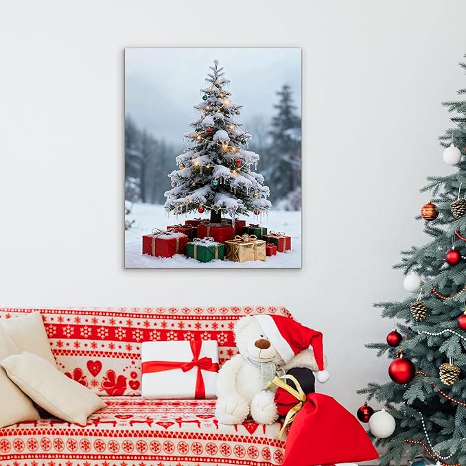 Framed Christmas Pictures Wall Decor,Vintage Pine Tree Prints,Winter Christmas Canvas Wall Art Decoration for Bedroom Bathroom Living Room Rustic Xmas Holiday Gifts (Christmas Tree 11, 11'' X 14'')