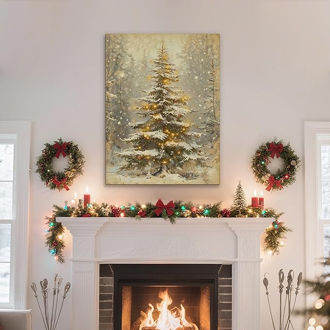 Framed Christmas Pictures Wall Decor,Vintage Pine Tree Prints,Winter Christmas Canvas Wall Art Decoration for Bedroom Bathroom Living Room Rustic Xmas Holiday Gifts (Christmas Tree 2, 24'' X 36'')