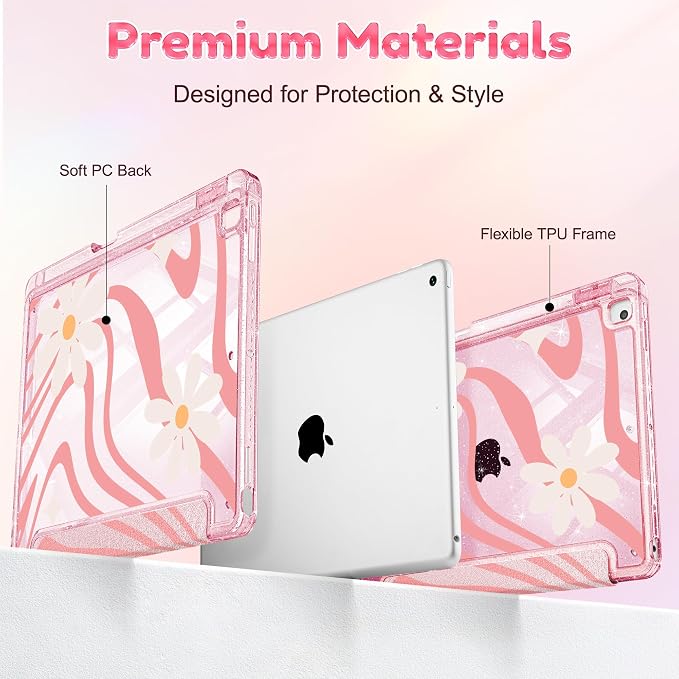 Case for iPad 9th/ 8th/ 7th Generation 10.2-Inch Case(2021/2020/2019 Release) Glitter Tablet Cases with Transparent Acrylic Back+Trifold Stand+Pencil Holder+Auto Wake/Sleep Bows-Stripe