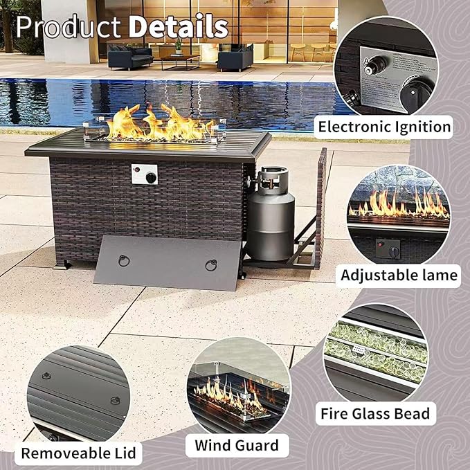 Gotland 8 Pieces Patio Furniture Set with Fire Pit Table, All Weather Rattan Outdoor Furniture with 29.5'' High Backrest 4’’ Thick Cushions Coffee Table, Outdoor Sectional for Porch, Deck, Khaki