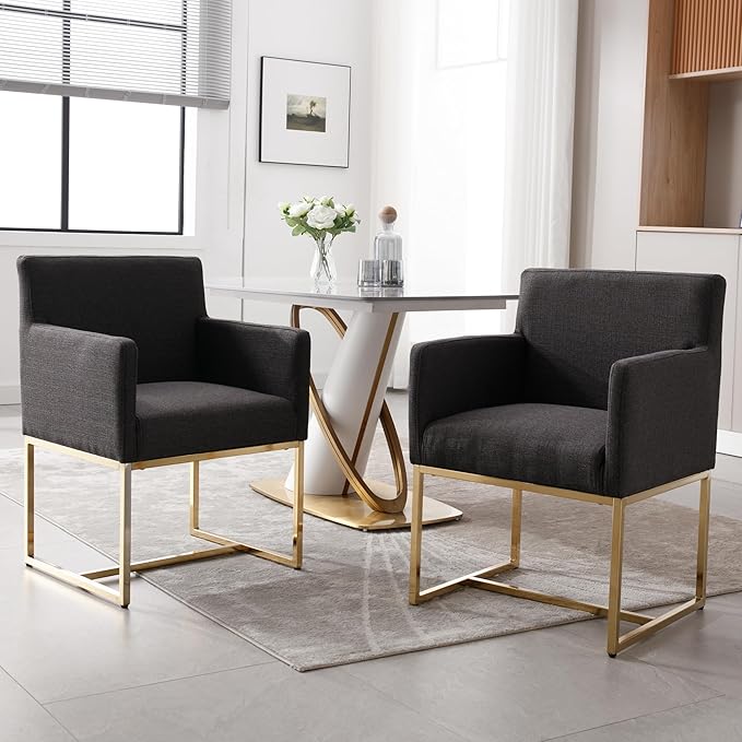 Upholstered Dining Chairs with Armrest Set of 4 Mid Century Modern Accent Chairs Armchairs with Gold Metal Frame, Modern Kitchen & Dining Room Chairs, Charcoal