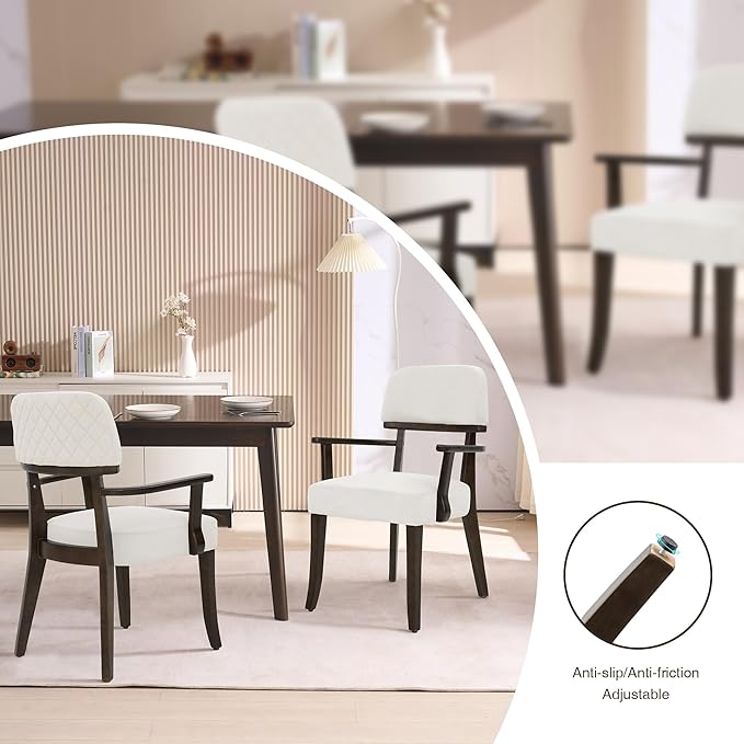 Modern Wood Dining Chairs with Arms Set of 2, Velvet Upholstered Kitchen Chairs with Open Curved Backrest & Black Hardwood Legs, Accent Chairs 350 LBS Capacity, White