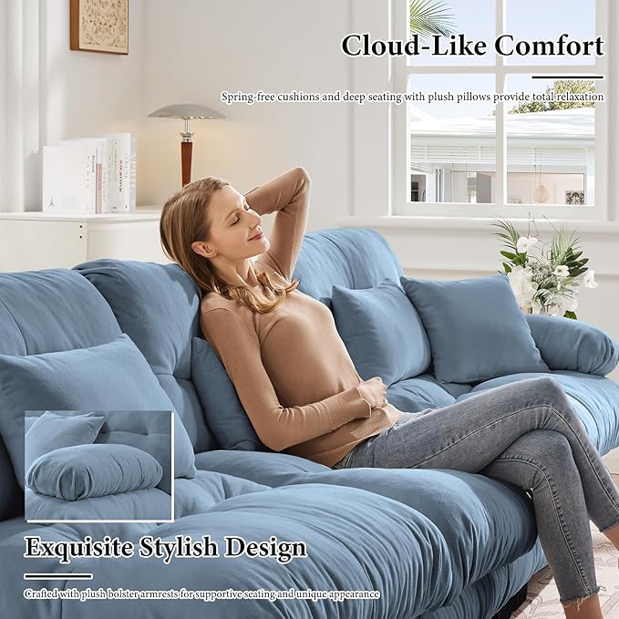 173.2" Oversized Couch, 4 Seater Modular Sectional Sofa, Blue Large L Shaped Sectional Couches for Living Room, Fluffy Chenille Fabric Cloud Couch with Ottoman, Deep Seat Sofas