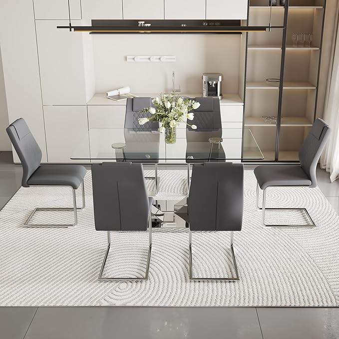 AZmac 63” Glass Dining Room Table Set for 6, Modern Kitchen Table and Chairs Set of 6, Dining Sets with Rectangular Tempered Glass and Sturdy Silver Chrome Base, for Kitchen Home