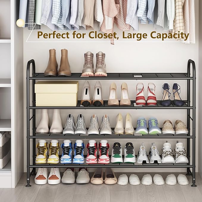 LINZINAR Shoe Rack Long 4 Tier Shoe Storage Organizer Metal Wide Shoe Shelf for Closet Entryway Bedroom 24 Paris Large Capacity, Gold Black