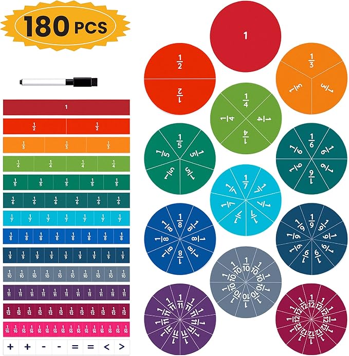 Oyster&Pop 180pcs Award-Winning Fraction Manipulatives for Kids - Large Magnetic Fraction Tiles & Circles for Teaching Fractions - Hands-On Math Learning Games - Includes E-Book Guide