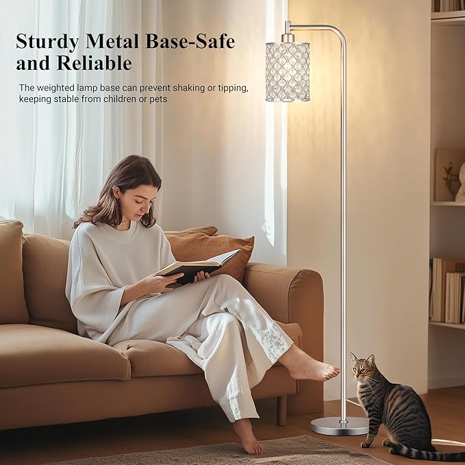 QiMH Industrial Floor Lamp for Living Room, Modern Standing Lamp with Crystal Lampshade Pedal Switch, 67” Tall Lamp for Bedroom Study Room, Silver (2700K LED Bulb Included)