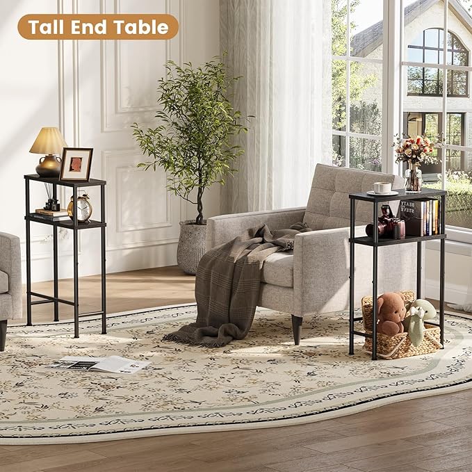 Narrow Console Table Set of 2, Small Entryway Table, 2-Tier Sofa Table with Storage, Skinny Console Tables for Entryway, Hallway, Bedroom, Living Room, Foyer, Black
