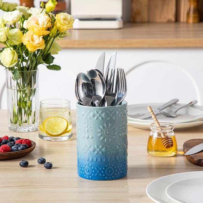 LOVECASA Utensil Holder, 7.2"+5.4" Ceramic Utensil Holder for Countertop, Large Cooking Utensil Crocks for Kitchen Counter, Farmhouse Utensil Vase for Housewarming, Kitchen Decor, Set of 2, Oceans