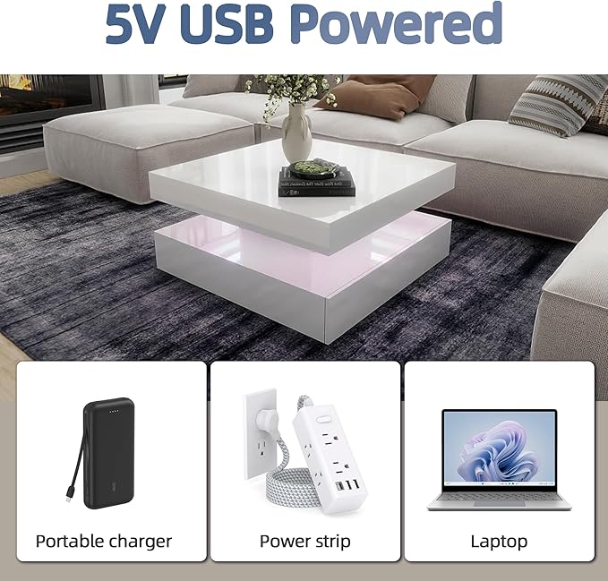 LED Coffee Table for Living Room, 2-Tier Modern Square Center Table with Music Sync Lights, High Gloss Surface, 30 3/4" x 30 3/4" (White)