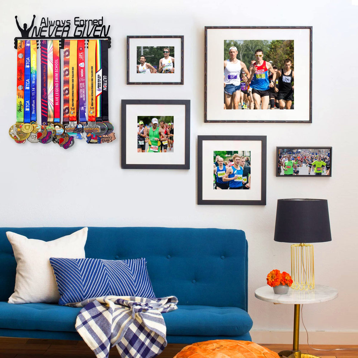 Goutoports Medal Holder Display Hanger Award Ribbin Rack for Sport Race Runner - Always Earned Never Given - Wall Mount Hold Up 60 Medal Hanger Display for Athlete Easy to Install