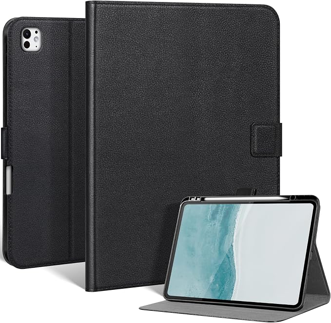 Leather Case for iPad 11th/10th Gen (11/10.9) Black | Genuine Leather Pencil Holder Adjustable Stand Magnetic Closure Auto Wake/Sleep
