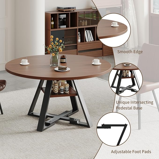 45.3" Walnut Round Dining Table Set with 4 Chairs – Mid-Century Modern Small-Space Kitchen & Dining Room Furniture for Apartment or Breakfast Nook (Boxwood – Storage Table + 4 Brown Chairs)