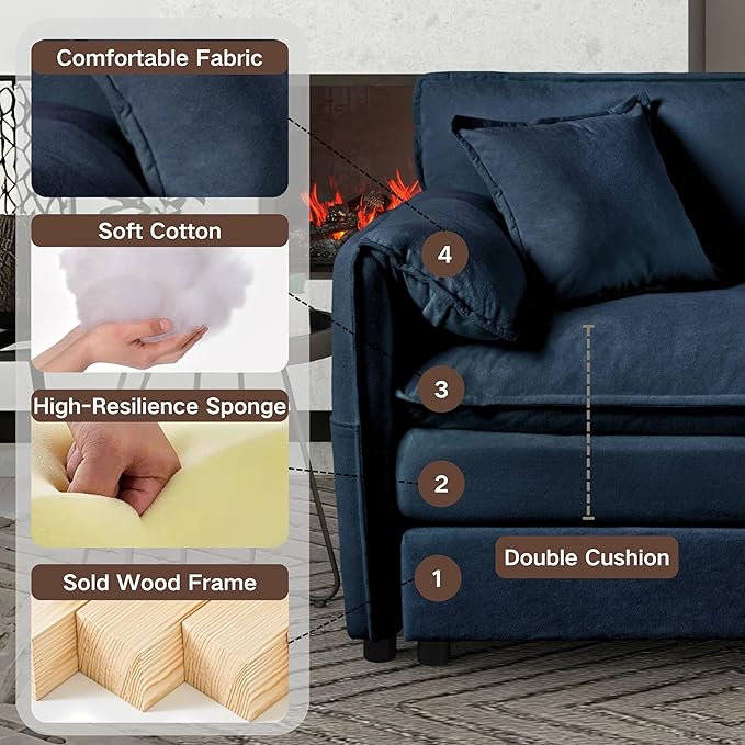 Chenille Sofa Set for Living Room, 2 Pieces Modern Deep Seat Oversized 3-Seater Cloud Couch for Bedroom, Office, Apartment, Furniture Set (Blue, 2+2)